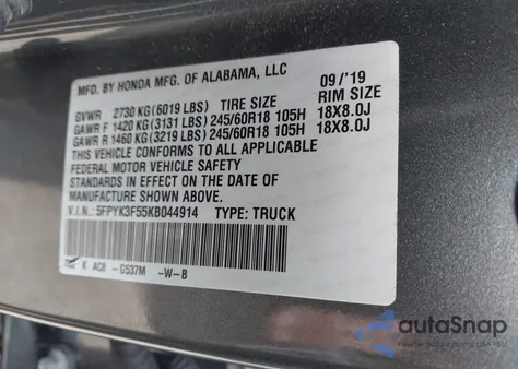 2019 Honda Ridgeline Rtl from USA, damaged, VIN 5FPYK3F55KB044914